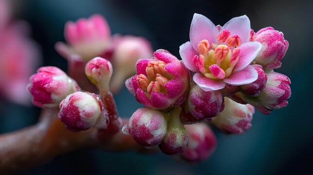 Delicate pink blossoms with water droplets on branch, macro photography showing detailed flower buds opening against dark blurred background.