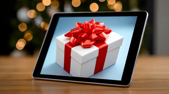 A tablet shows a gift box with a red bow, set against a festive background of soft holiday lights.