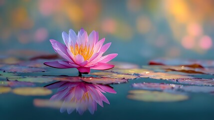 Pink water lily floating on pond surface with perfect reflection against blurred colorful bokeh background, creating serene aquatic scene.