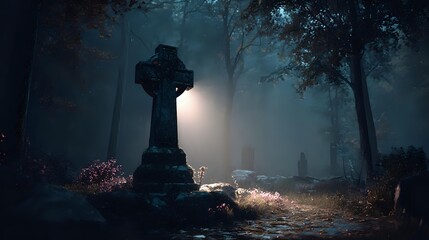 Mystical stone cross in foggy cemetery at night, illuminated by ethereal moonlight creating eerie atmosphere among dark trees and fallen leaves.
