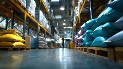 Tightly packed industrial bags illuminated softly, faceless worker’s outline moving through the aisle in defocus, organized distribution center, with copy space - Powered by Adobe