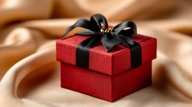 A small red gift box with a black ribbon sits on soft silk fabric, ready for giving at a special event or celebration.