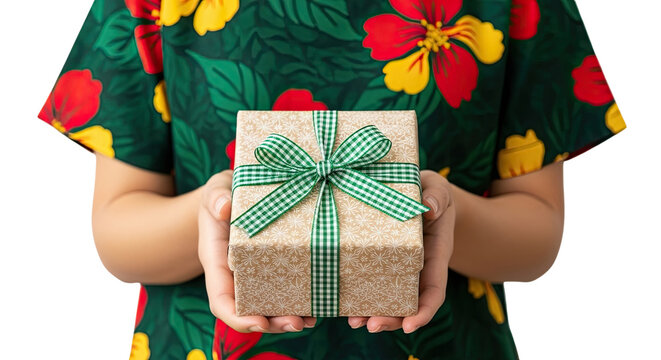 A woman in a vibrant tropical floral dress holds out a beautifully wrapped gift box with a green gingham ribbon, offering a present for a special occasion on a black background - Powered by Adobe