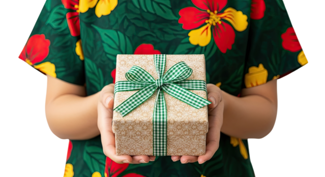 A woman in a vibrant tropical floral dress holds out a beautifully wrapped gift box with a green gingham ribbon, offering a present for a special occasion on a black background