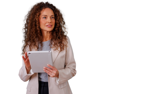 Professional woman with curly hair holding a tablet, managing business, working with digital technology, isolated on transparent background