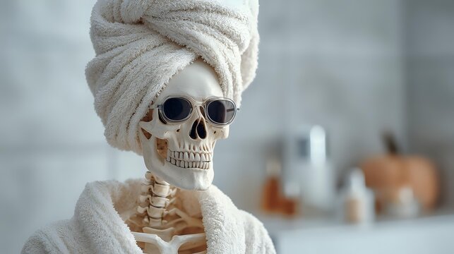 Human skeleton with white towel wrapped around head and shoulders in bathroom setting, representing spa day or self-care concept.