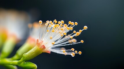 Extreme close-up of flower stamen with yellow pollen-tipped filaments against dark background, showcasing delicate botanical details.