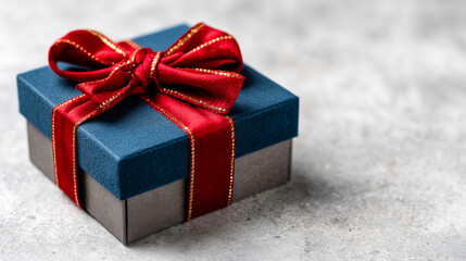 A neatly wrapped gift box sits on a light gray surface, featuring a vibrant red bow and gold trim for decoration.