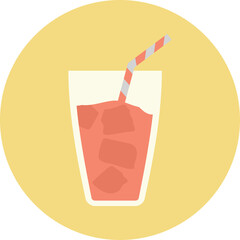 Amber colored iced drink with red straw in a clear glass with light yellow background and transparent background effect