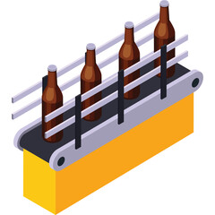 Amber glass bottles move along a conveyor belt in an industrial production line with a transparent background and a yellow base beneath the machinery