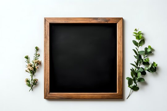 Empty blackboard with wooden frame and green plant sprigs on white background, ready for custom text or menu display.