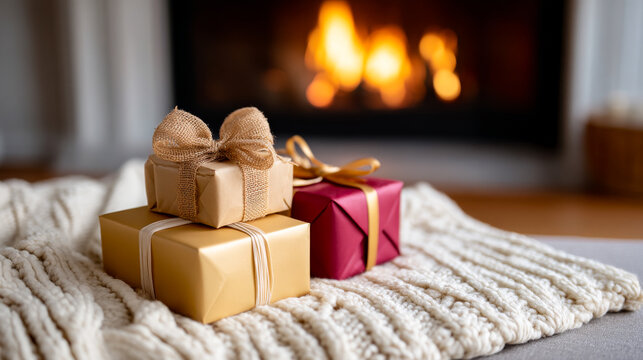 Colorful gift boxes sit on a warm sweater near a glowing fireplace, creating a festive and cozy atmosphere. - Powered by Adobe