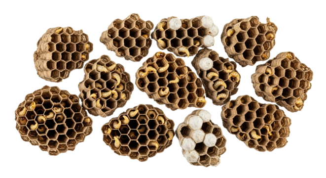 A collection of wasp nest fragments with developing larvae and capped pupae cells, isolated on a black background for a detailed entomological study