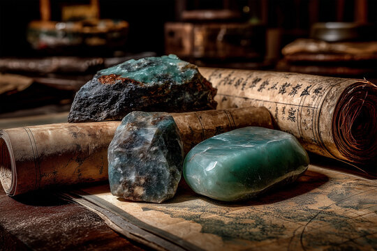 An ancient collection of jade stones and scrolls