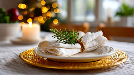 A beautifully arranged table features a white plate with a napkin and a sprig of greenery, creating a cozy atmosphere.