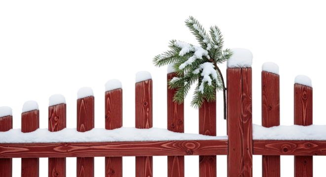 Freshly fallen snow covers a traditional red wooden fence and a small fir tree branch, creating a classic and minimalist winter scene isolated on a black background