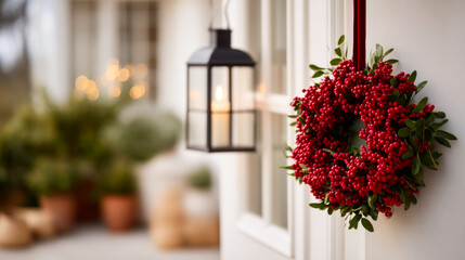 Fototapeta premium A vibrant red berry wreath hangs at the entrance, while warm light shines from a nearby lantern.