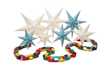A festive arrangement of illuminated paper star lanterns in white and light blue with intricate perforated patterns, alongside a vibrant, multicolored paper chain, isolated on black