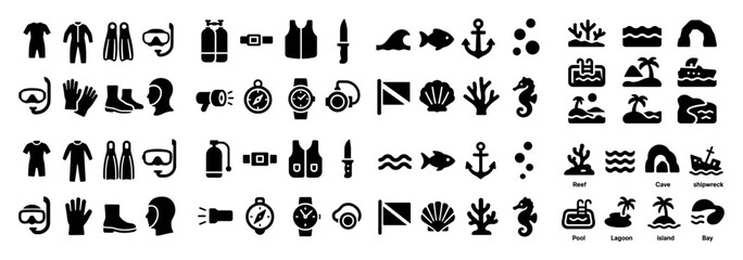 Scuba diving icons and symbols set