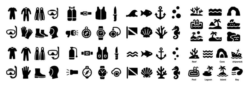 Scuba diving icons and symbols set