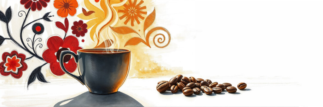 Black steaming coffee cup with coffee beans against floral pattern design, with copy space for text on white background 