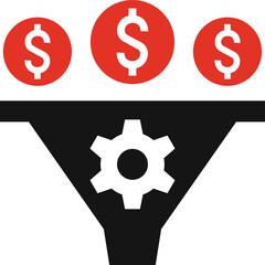 Abstract visual representation of financial process with red circles containing white dollar signs above a black funnel and white gear mechanism on transparent background