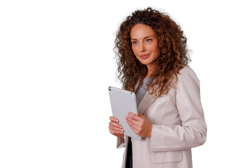 Professional businesswoman holding a tablet, using technology for communication and remote work, transparent background