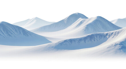 Serene and majestic panoramic view of a snow-covered mountain range with soft lighting and smooth textures, isolated on a transparent background
