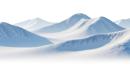Serene and majestic panoramic view of a snow-covered mountain range with soft lighting and smooth textures, isolated on a transparent background