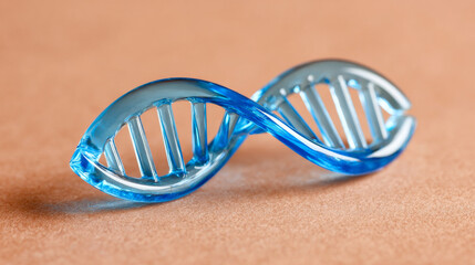 A blue DNA strand model sits on a brown textured surface, showcasing its double helix design.