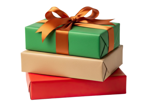 A festive stack of three beautifully wrapped gift boxes in green, red, and brown paper, with an elegant orange satin ribbon, isolated on a plain black background