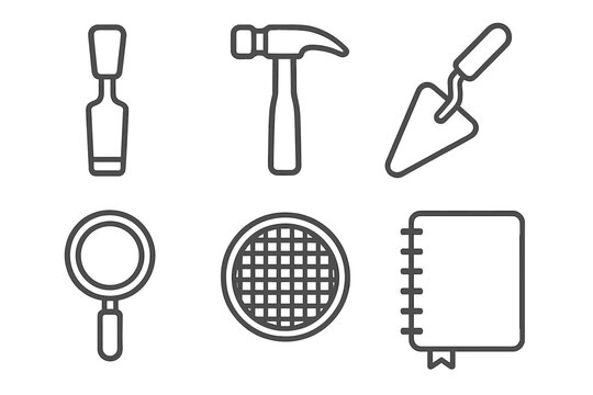 Excavation Tools Icons. Line style icons of excavation tools: chisel, hammer, trowel, magnifying glass, sieve, field notebook. No