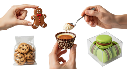 A diverse collection of delicious desserts held by hands, showcasing a gingerbread man, a chocolate cream cup, packaged cookies, and a box of green macarons against a black backdrop