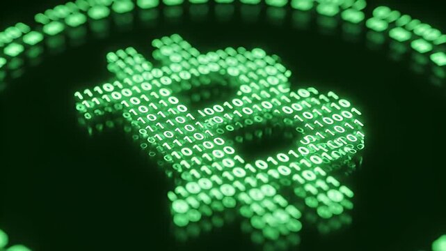 Abstract Bitcoin Cryptocurrency Digital Symbol Made of Green Binary Code on Dark Background