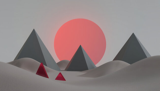 Geometric Pyramids in Desert Landscape with Glowing Red Orb