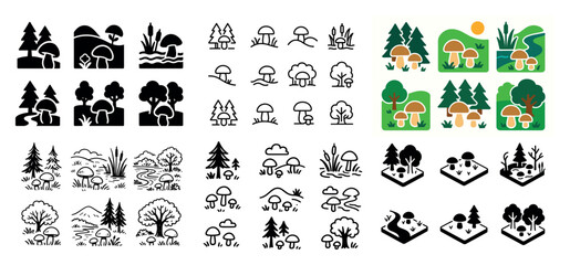 Nature icons: mushrooms and trees
