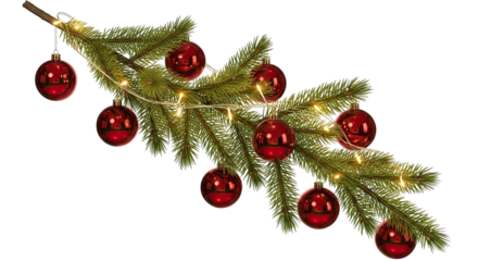 A festive evergreen fir branch decorated with shiny red baubles and glowing warm fairy lights, isolated on a clean black background for a classic holiday celebration