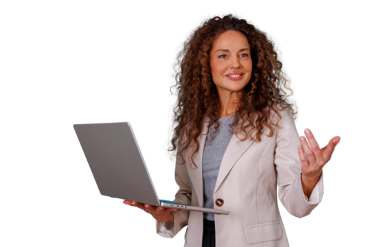 Confident businesswoman presenting, holding laptop and gesturing, explaining marketing strategy, transparent background - Powered by Adobe