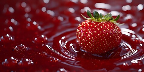 Fresh ripe strawberry falling into red jam or juice creating splash ripples, macro food photography for dessert recipes or fruit advertising.
