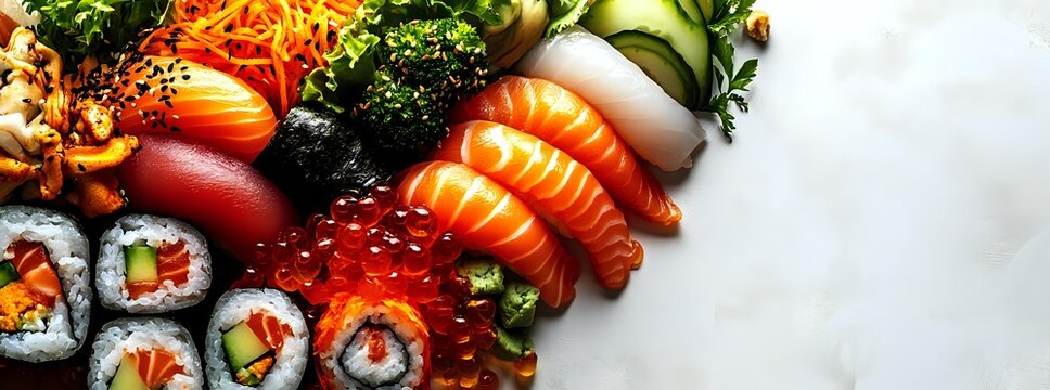 Assorted Japanese sushi platter with fresh nigiri, maki rolls, sashimi, and colorful vegetables on marble background. - Powered by Adobe