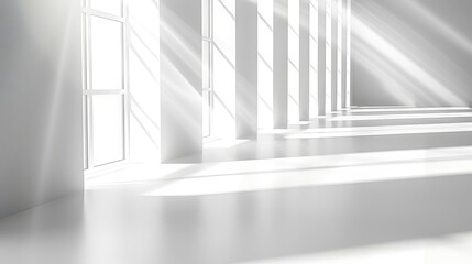 Bright white corridor with sunlight streaming through windows creating light and shadow patterns
