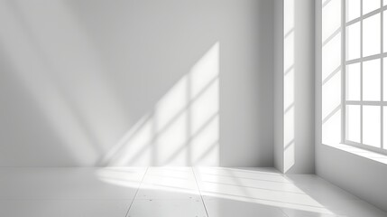 Obraz premium Bright room corner with light streaming through window casting shadows on the white wall and floor