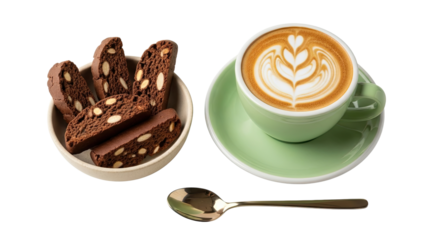 A beautiful cup of cappuccino with delicate latte art served with a bowl of chocolate almond biscotti, isolated on a clean black background for a modern cafe concept