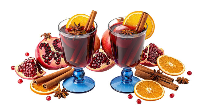 Two elegant glasses of warm mulled wine garnished with orange slices and cinnamon, surrounded by fresh pomegranate, cranberries, and spices, isolated on a black background