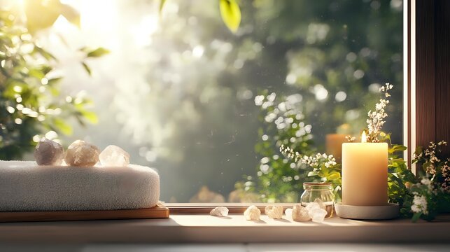 Tranquil spa setting with soft towels, glowing candle, and fresh greenery on wooden windowsill overlooking sunlit garden, creating serene wellness atmosphere.
