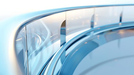 Fototapeta premium Close up of a curved glass railing with metal supports and a blurred background in soft blue hues