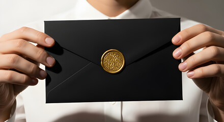 Hands presenting a black envelope with a gold seal.