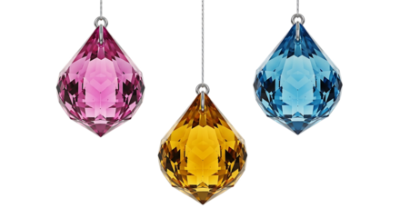 Three faceted crystal teardrop ornaments, in pink yellow and blue hanging by thin threads, PNG isolated on transparent background