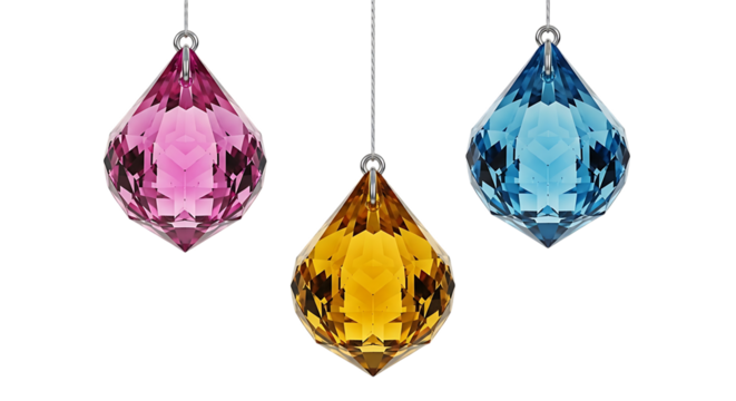 Three faceted crystal teardrop ornaments, in pink yellow and blue hanging by thin threads, PNG isolated on transparent background