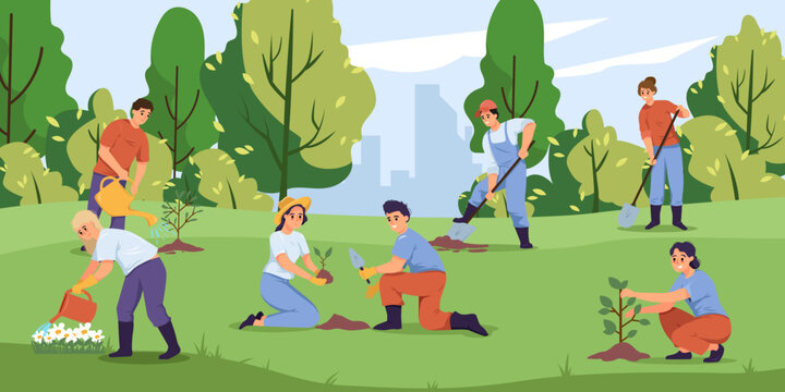Group of diverse people gardening in park, flat graphic style, with trees and city skyline background. Concept of teamwork and environment care. Vector illustration